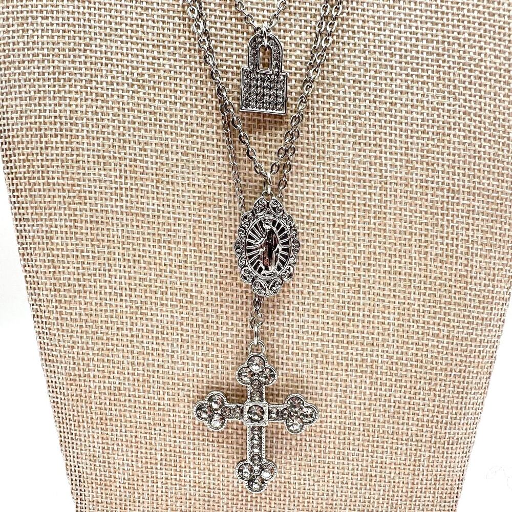 Vintage Y2K Silver Tone Layered Necklace Cross Virgin Mary lock Charms Jewelry